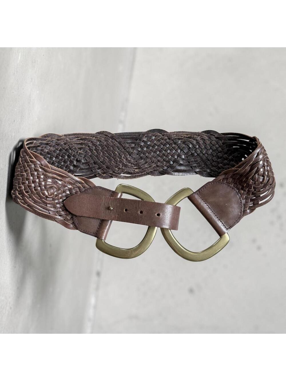 Vintage LP Brown Woven Leather Wide Belt Brass Buckle Size S